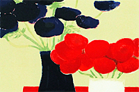 カトラン　赤い机上のアネモネの花束