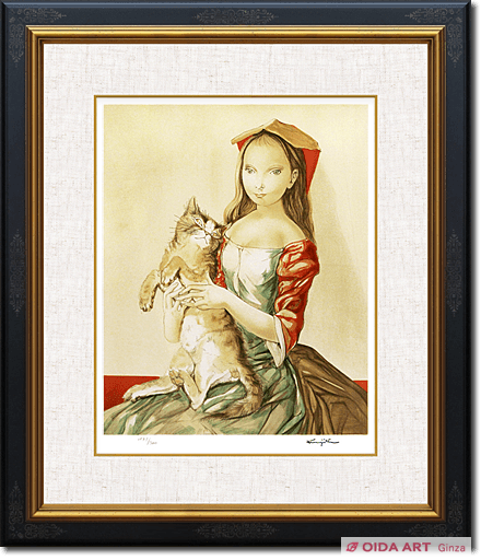 Fujita Tsuguharu (Leonard Foujita) Girl in hood having a cat in her hands