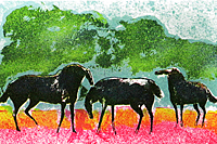 ギヤマン 緑の背景の三頭の馬