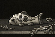 長谷川潔 メキシコの魚　静物画