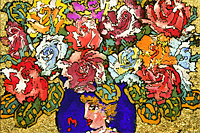 Kinutani Koji  Blue rose in pottery on golden background