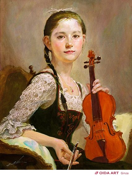 海外輸入 奥 龍之介 バイオリンを持つ少女 - 美術品・アンティーク 