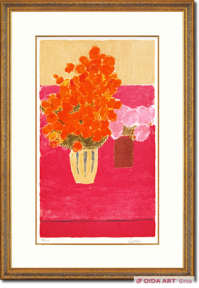 カトラン ピンクのテーブルのインドバラと紫陽花 | 絵画など美術品の 