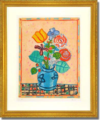 Aizpiri Paul Bouquet of vase with blue in beige background