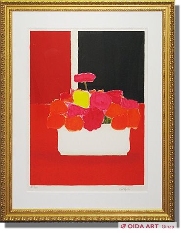 Cathelin Bernard Plant pot on red tablecloth