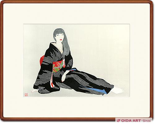 Kayama Matazo Woman wearing kimono of striped and splashed pattern