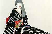 Kayama Matazo Woman wearing kimono of striped and splashed pattern