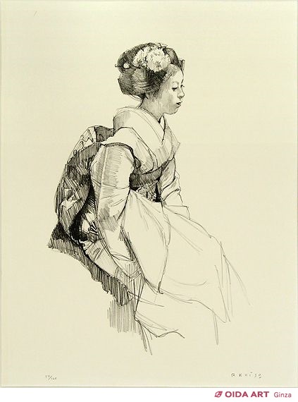 小磯良平、婦人の胸像A、高級石版画集一部、版上サイン入、額付
